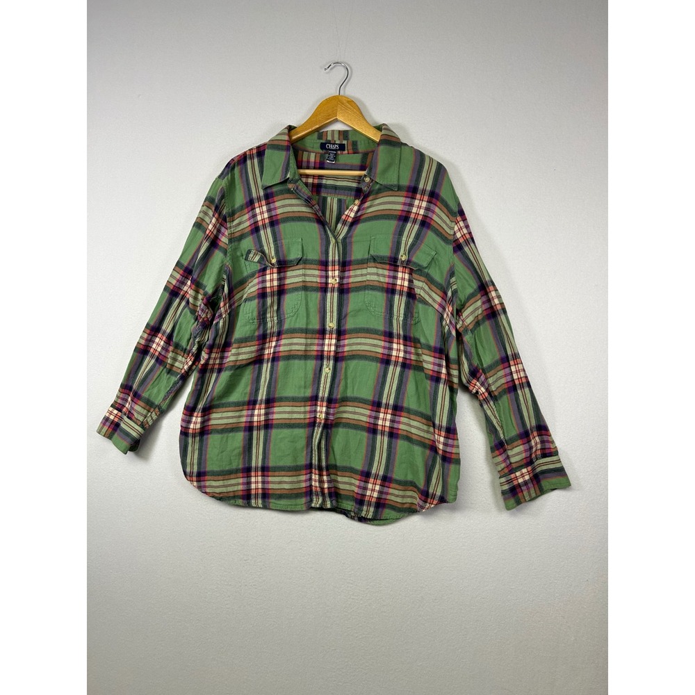 Cabincore Chaps Womens 3X Green Plaid Cotton‎ Long Sleeve Button Down Shirt - Picture 9 of 9